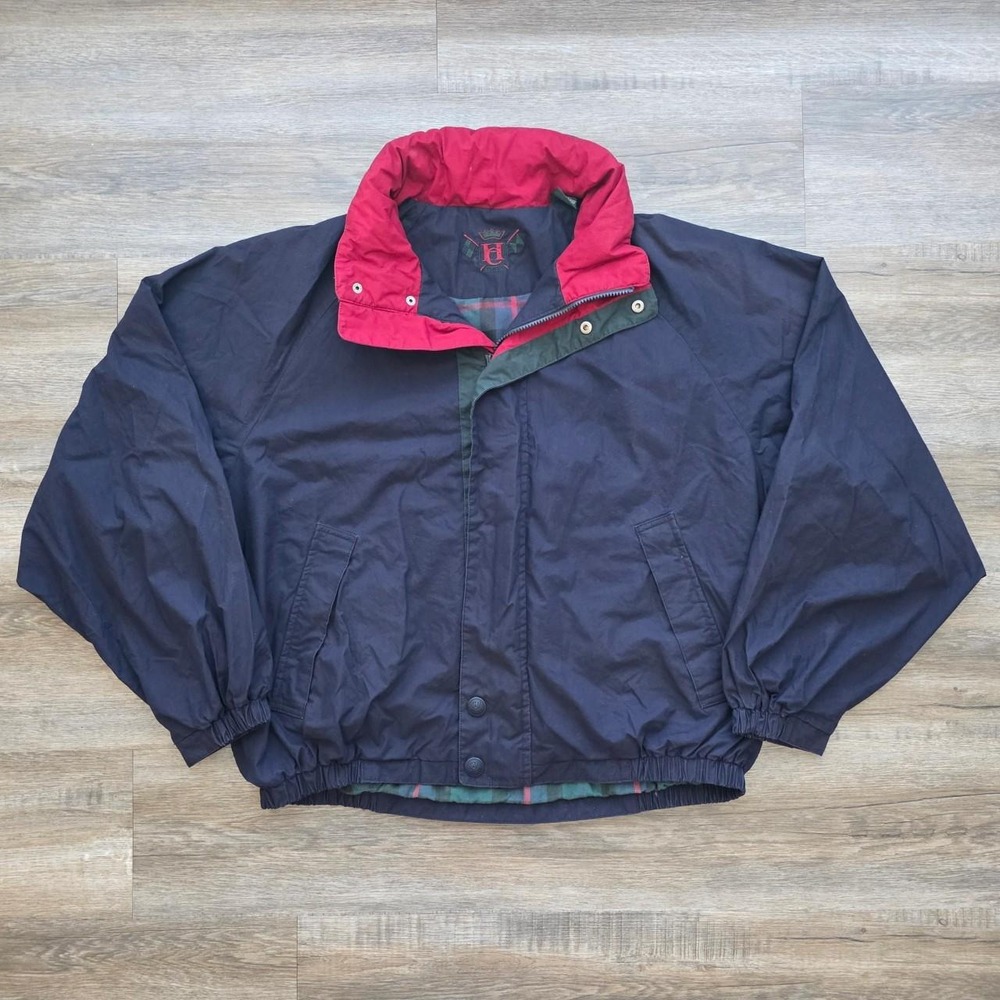 Hunt Club Navy Blue Bomber Jacket Mens 90s Vintage XL Excellent Plaid Lined Hood